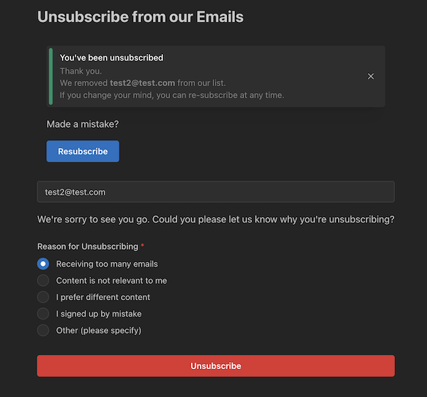 Unsubscribe page